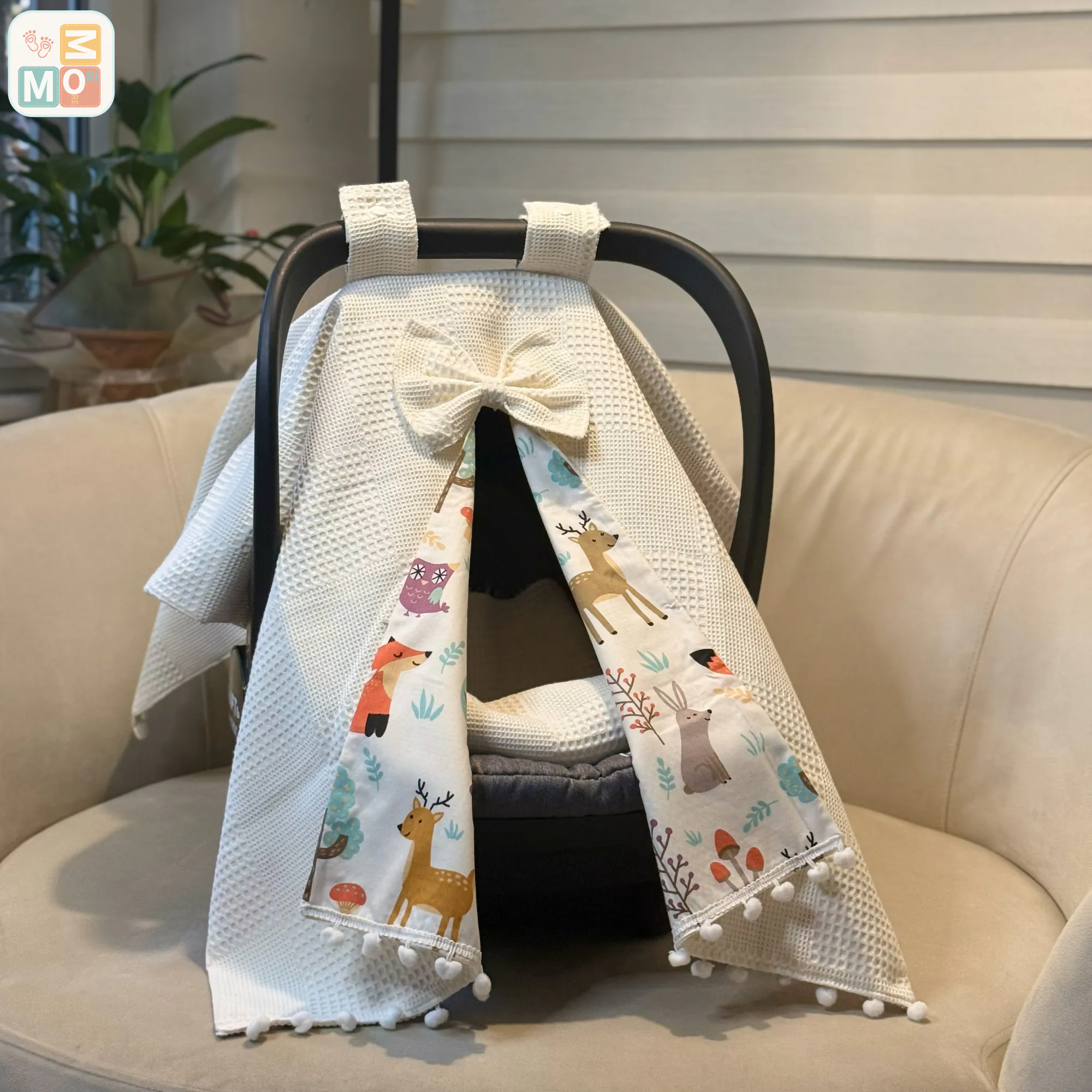 Ivory Cotton Baby Car Seat Cover & Stroller Canopy (Waffle + Poplin) - WF02 - Image 10