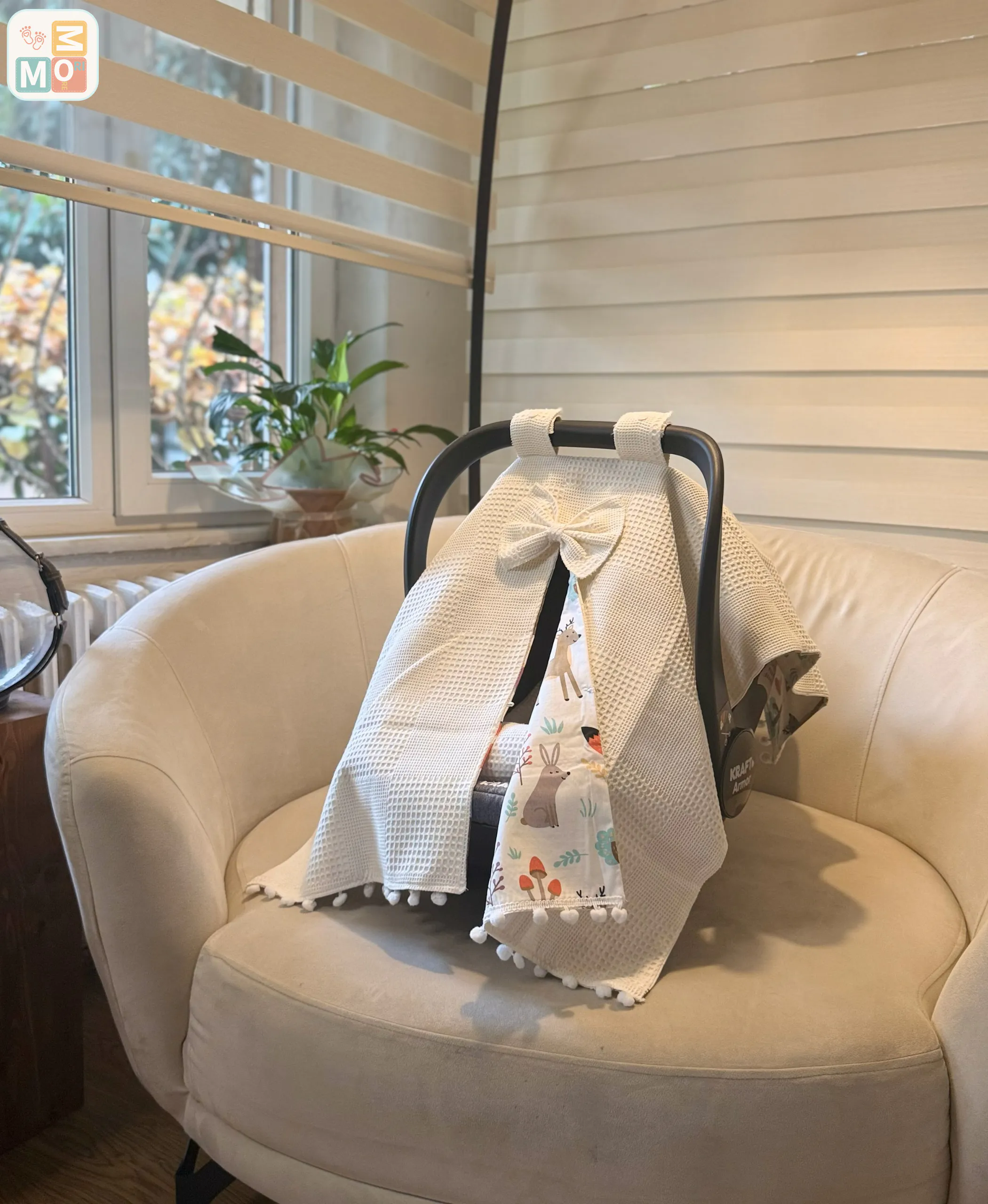 Ivory Cotton Baby Car Seat Cover & Stroller Canopy (Waffle + Poplin) - WF02 - Image 9