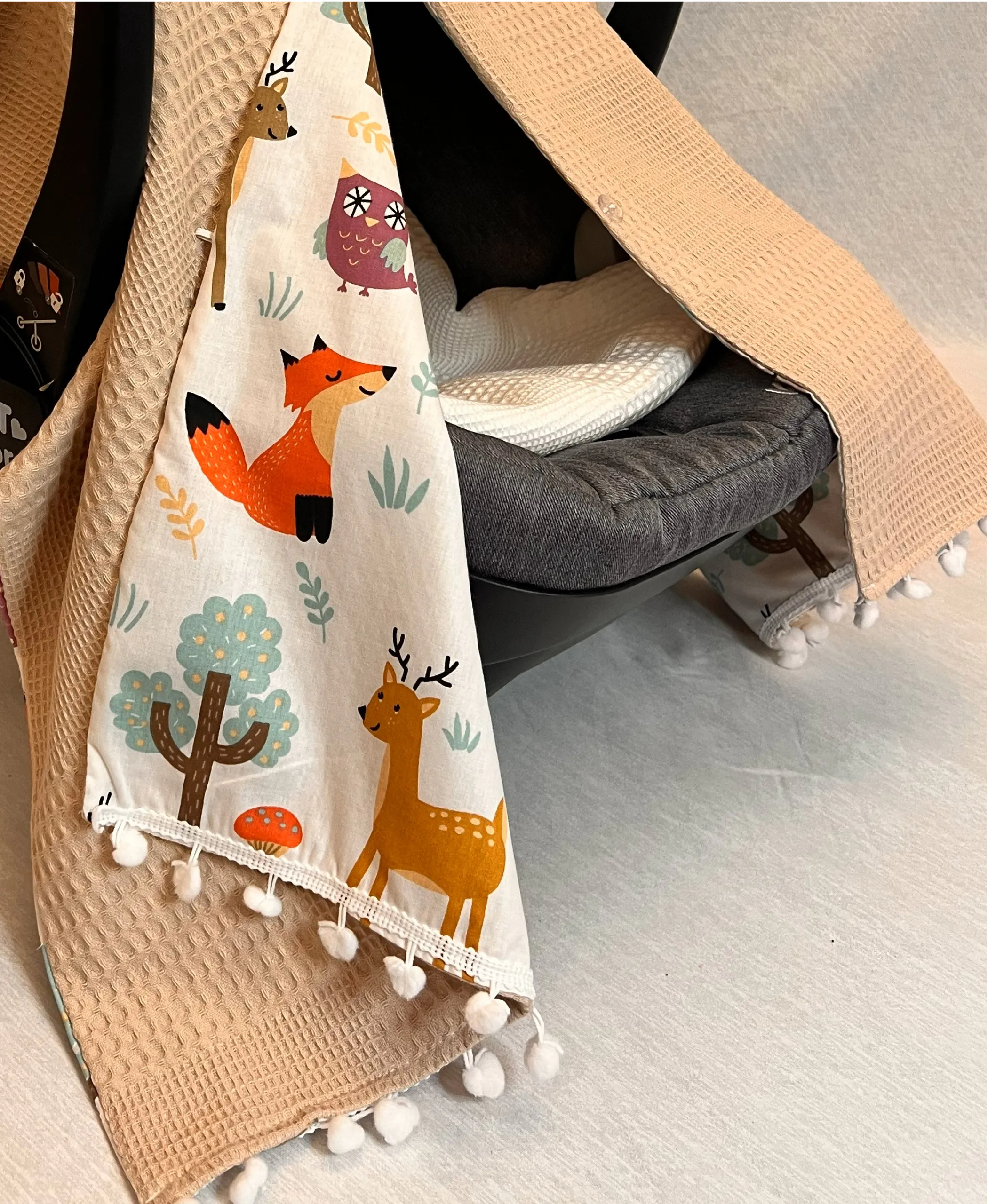 Cappuccino Cotton Baby Car Seat Cover & Stroller Canopy (Waffle + Poplin) -WF08 - Image 10