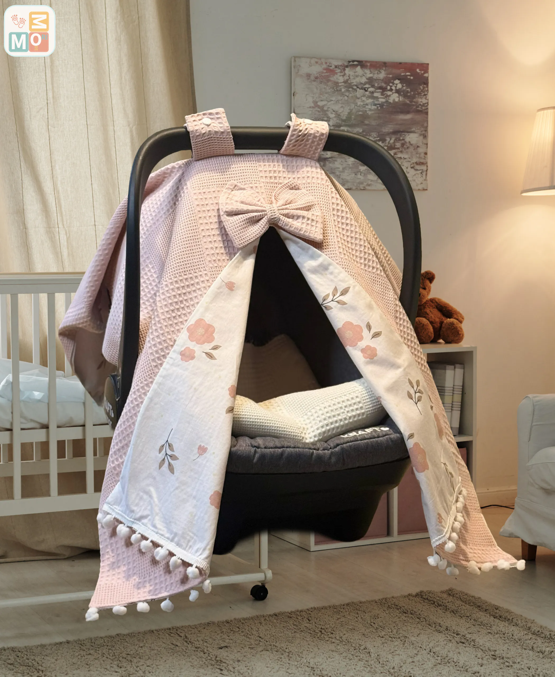 Powder Pink Cotton Baby Car Seat Cover & Stroller Canopy (Waffle + Poplin) ? WF13 - Image 3