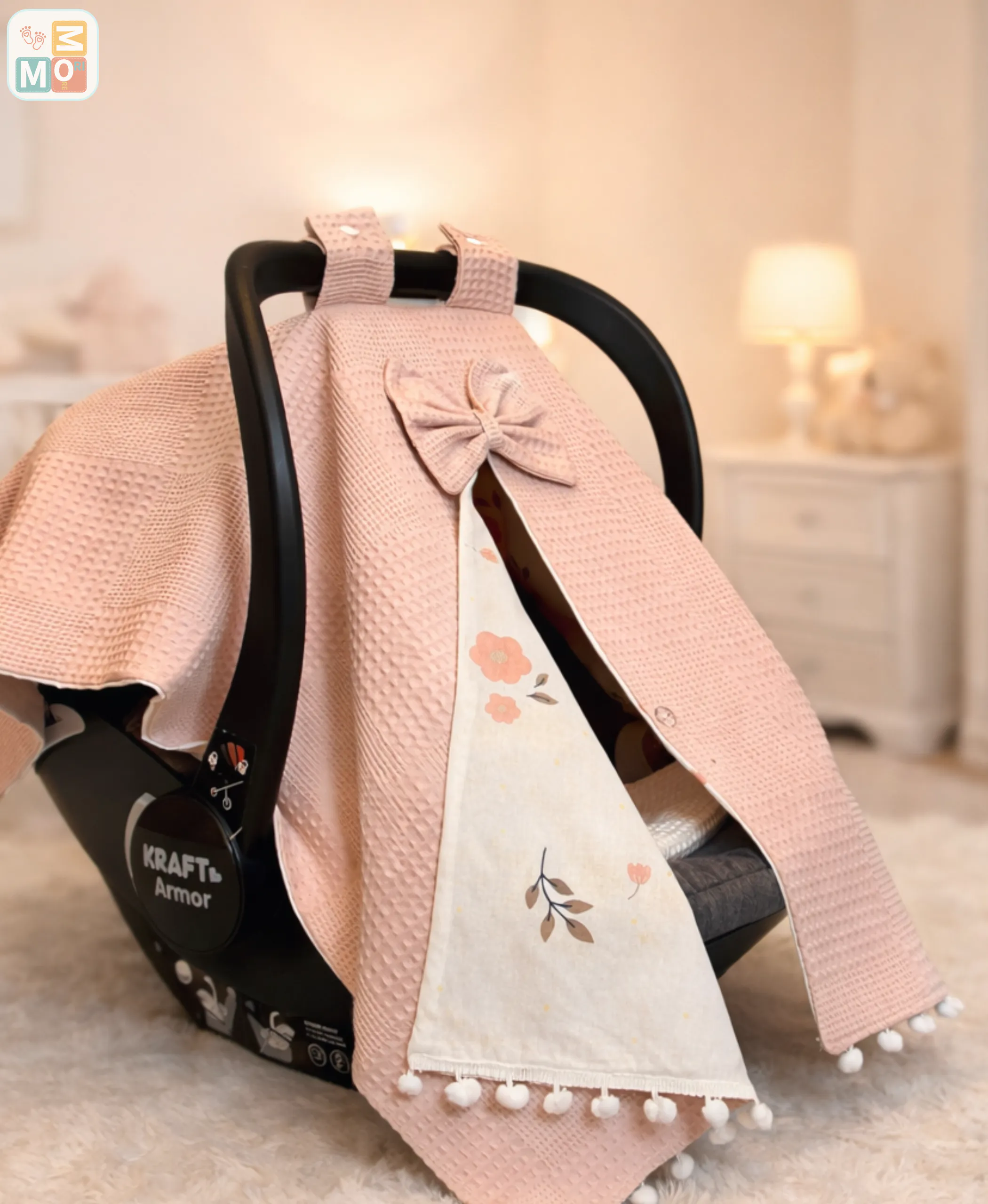 Powder Pink Cotton Baby Car Seat Cover & Stroller Canopy (Waffle + Poplin) ? WF13 - Image 5