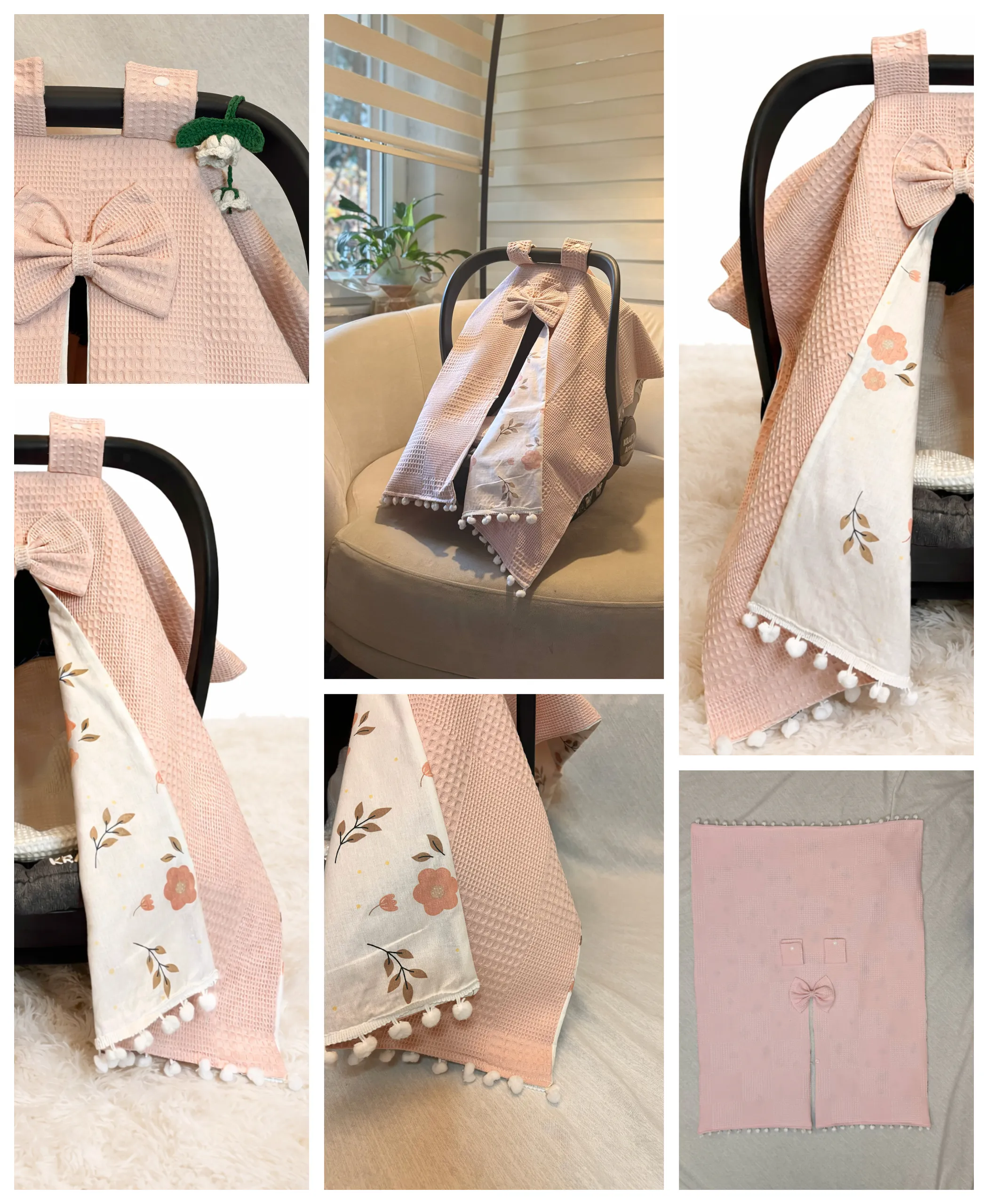 Salmon Pink Cotton Baby Car Seat Cover - Stroller Canopy