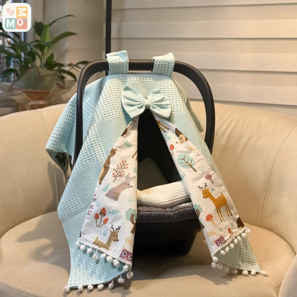 Waffle cotton baby car seat canopy with printed poplin lining, bow detail, and pom pom trim on an infant car seat. Aqua Blue