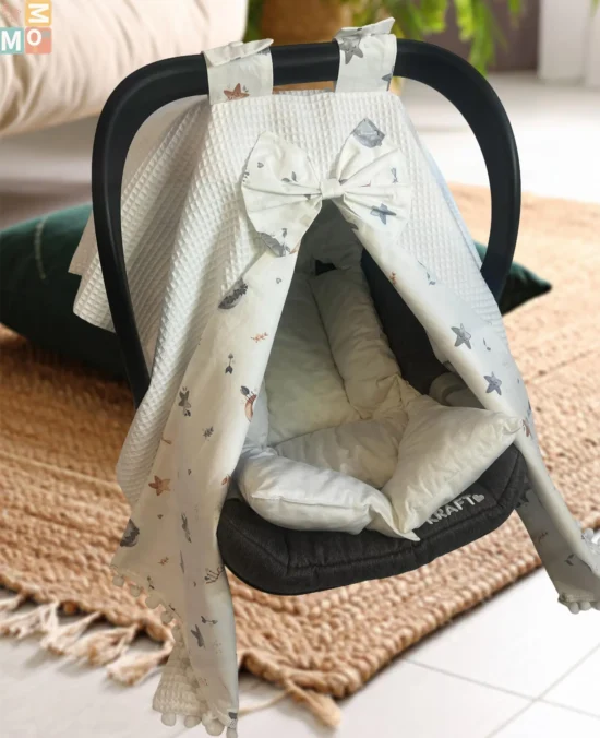 Cream Waffle Cotton Car Seat -Pram Sunshade Cover - Star - Moon | MN-OFFWHITE-STAR-1
